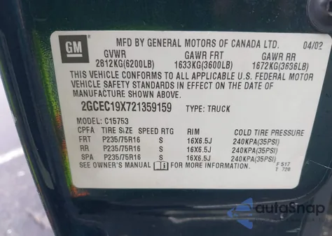 2002 Chevrolet Silverado 1500 from USA, damaged, VIN 2GCEC19X721359159